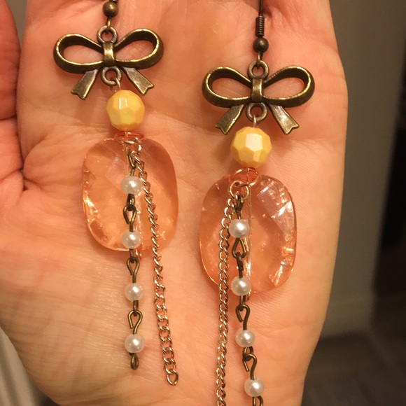 Champagne Peach + Pearl Tassel Bow Boho Statement Earrings - Picture 6 of 6